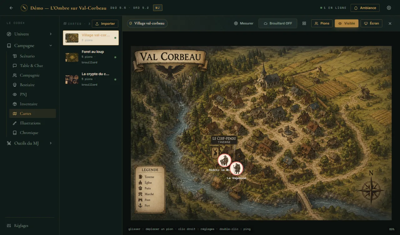 La carte de Val-Corbeau dans MythDesk : pions, légende, règle de mesure et écran de table