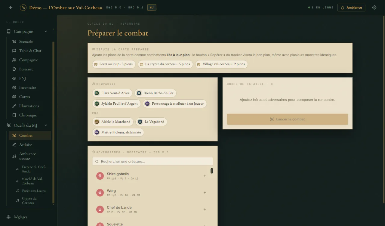 L'atelier de combat de MythDesk : compagnie, PNJ et adversaires du bestiaire prêts à l'ordre de bataille