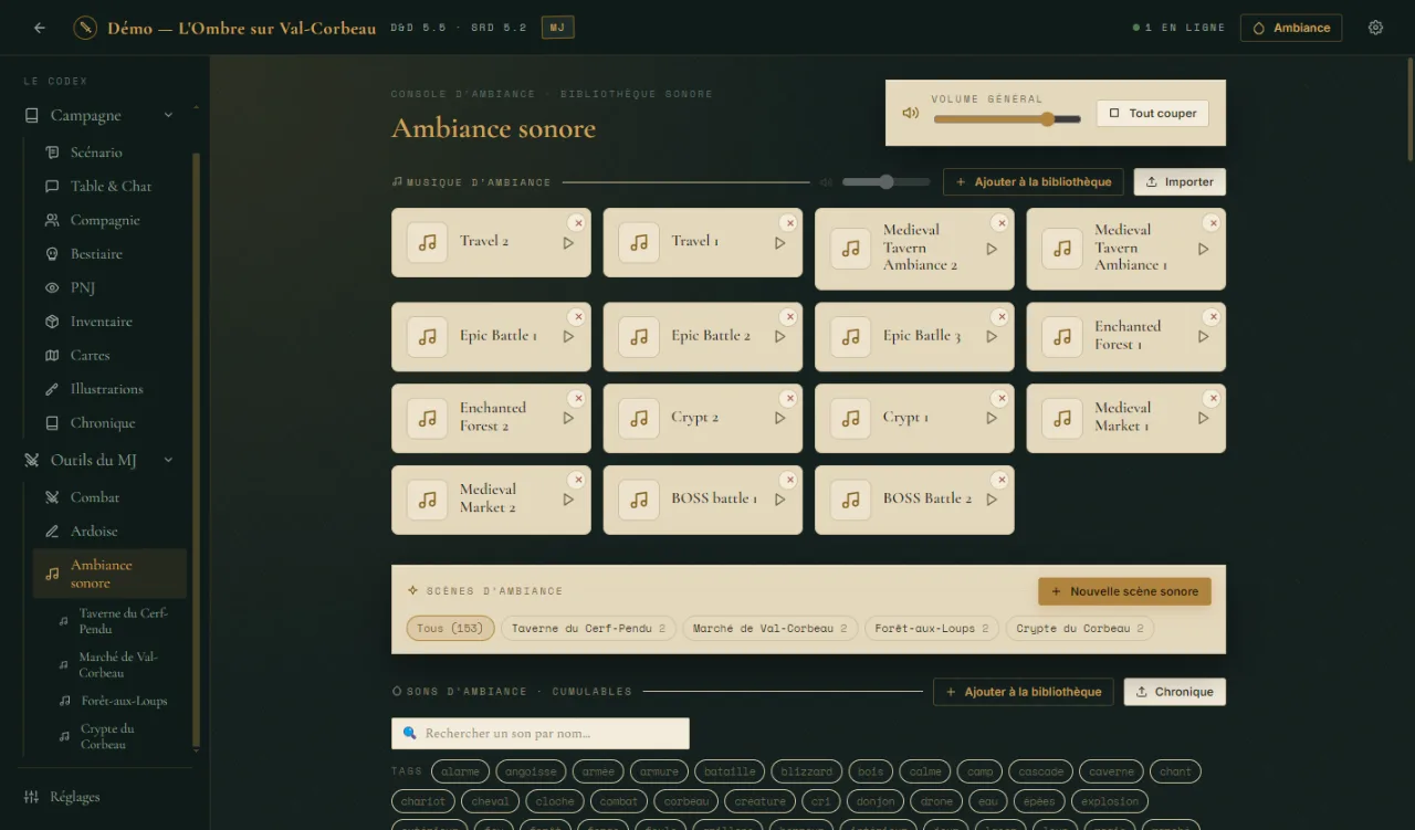 La console d'ambiance sonore de MythDesk avec les scènes de la démo