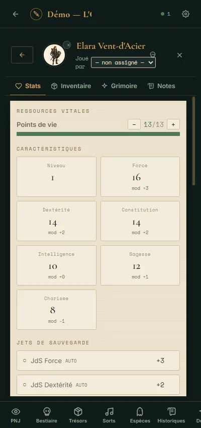 La fiche d'Elara Vent-d'Acier ouverte dans le navigateur d'un téléphone